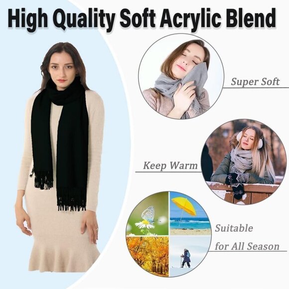 Womens Wraps Warm Large Soft Silky Scarf Pashmina Shawls Pack of 2 (Black Cream) - Picture 2 of 6